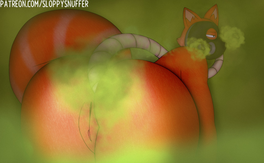 anthro ass bent_over domestic_cat fart fart_cloud fart_fetish farting_in_mask felid feline felis female fur gas_mask genitals mammal mask maya_(equine-after-dark) nude orange_body orange_fur pussy rear_view simple_background sloppysnuffer solo