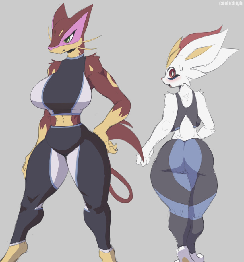 2022 2d 2girls anthro anthrofied artist_name ass cinderace cooliehigh digital_media_(artwork) duo female female_only game_freak green_eyes grey_background gym_clothes lagomorph liepard maroon_body maroon_fur navel nintendo open_mouth pokémon_(species) pokemon red_eyes red_nose sketch small_tail sports_bra sweat tagme tail thick_ass thick_thighs white_body white_fur white_pupils