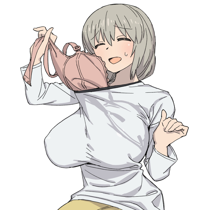 2d 2d_(artwork) 2d_artwork bangs bra bra_pull breasts closed_eyes clothed clothes_pull clothing covered_erect_nipples female fully_clothed grey_hair highres huge_breasts long_sleeves mature_female milf no_nude onsen_tamago_(hs_egg) open_mouth pink_bra removing_bra removing_bra_under_shirt shirt simple_background tagme taking_off_bra underwear uzaki-chan_wa_asobitai! uzaki_tsuki white_background white_shirt