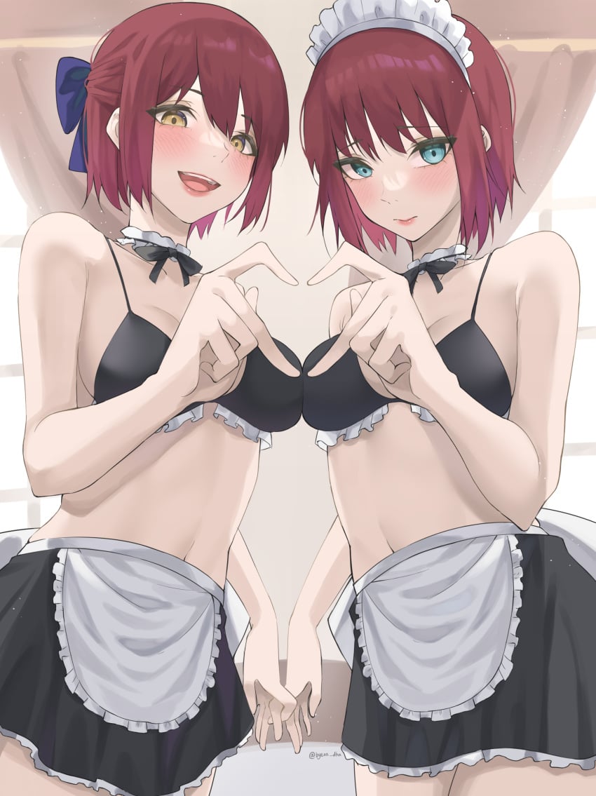 2girls bare_shoulders big_breasts bikini black_bikini black_bra blue_eyes blush bra breasts byeon_dha chest closed_mouth collar embarrassed female female_only finger_heart frilled_bikini hair_ribbon heart highres hisui hisui_(tsukihime) holding_hands indoors interwining_fingers kohaku kohaku_(tsukihime) light-skinned_female lips looking_at_viewer looking_down looking_down_at_viewer maid maid_apron maid_headdress navel open_mouth open_smile red_hair short_hair shy sisters smile stomach tsukihime type-moon yellow_eyes