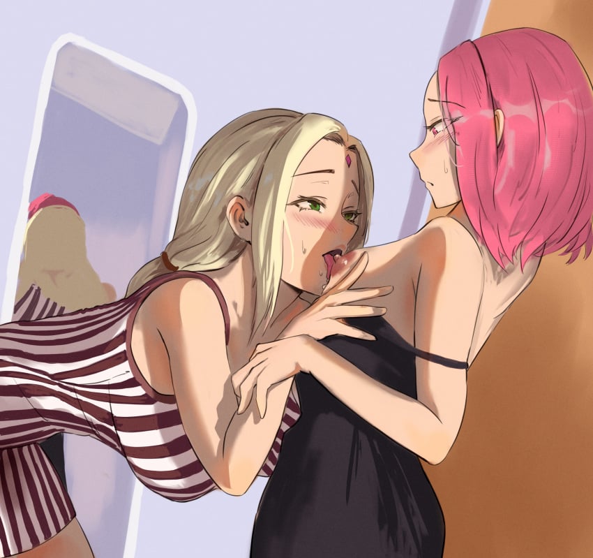 2girls aad2dd adult age_difference blonde_hair blush clothed_sex clothing dress female female_only forehead_mark licking licking_nipples looking_at_another mature mature_female multiple_girls naruto naruto_(series) naruto_shippuden nipples no_bra older_female one_breast_out pink_hair sakura_haruno strap_slip teacher_and_student teenager tsunade younger_female yuri