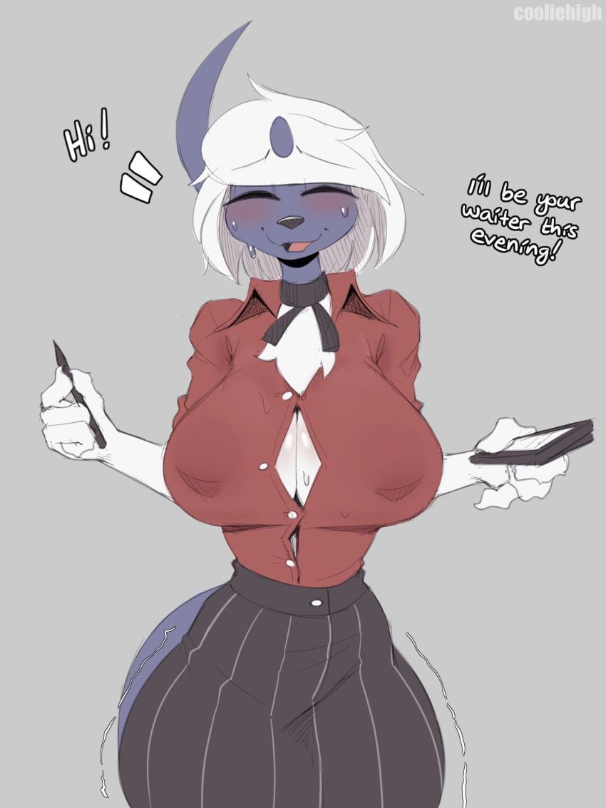 2022 2d absol anthro anthrofied artist_name big_breasts black_nose blue_body blush breasts closed_eyes cooliehigh digital_media_(artwork) female female_only furry furry_female furry_only hair nintendo paper pen pokémon_(species) pokemon pokemon_(species) shaking shirt_unbuttoned short_hair smile smiling_at_viewer standing sweat tagme text thick_thighs trembling tuft waitress white_body white_hair