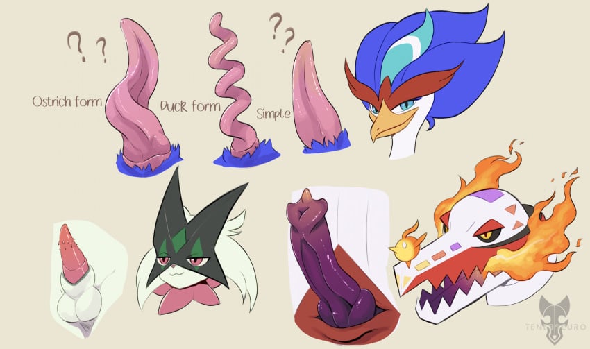 animal_genitalia animal_penis balls blue_body blue_eyes crocodilian_penis duck_penis erection furry genitals green_body group hi_res looking_at_viewer male male_only meowscarada nintendo ostrich_penis penile_spines penis pokémon_(species) pokemon pokemon_sv quaquaval red_body red_eyes simple_background skeledirge slit smile smirk tenebscuro trio video_games white_body yellow_eyes