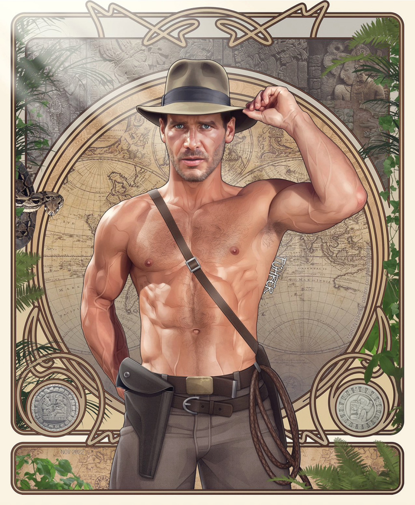 actor celebrity fuhrerdoodles harrison_ford in_character indiana_jones indiana_jones_(series) looking_at_viewer male male_only muscles muscular muscular_male shirtless_male