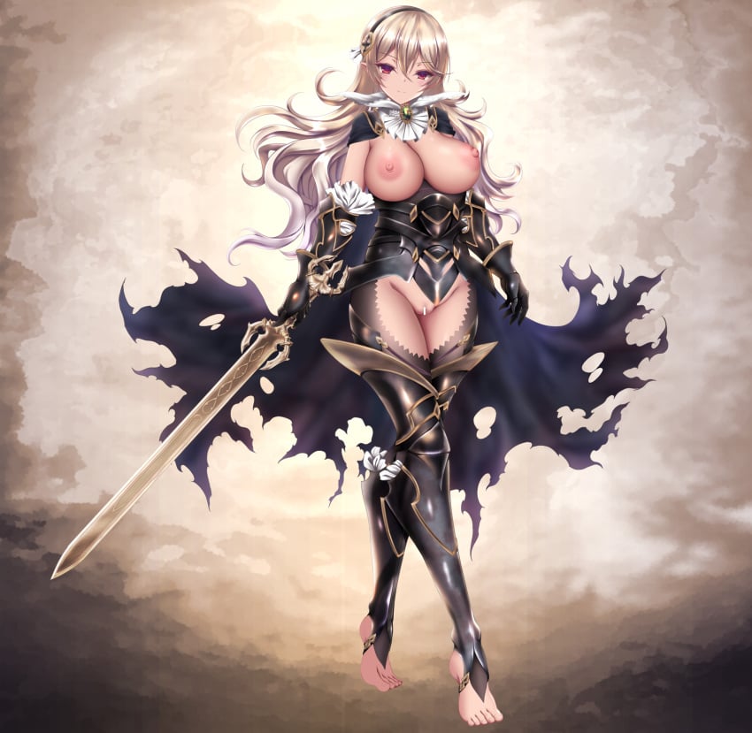 1girls absurdres akina_t armor armored_dress ascot bangs bar_censor bare_thighs black_dress black_gloves black_hairband black_pantyhose blonde_hair breasts breasts_out censored closed_mouth commentary_request commission corrin_(female)_(nohr_noble)_(fire_emblem) corrin_(fire_emblem) corrin_(fire_emblem)_(female) crotch_cutout dress feet female female_only fire_emblem fire_emblem_fates fire_emblem_heroes full_body gem gloves gold_trim green_gemstone hair_between_eyes hairband highres holding holding_sword holding_weapon inner_thighs large_breasts legs long_hair looking_at_viewer nintendo nipples no_shoes official_alternate_costume pantyhose pointy_ears red_eyes revealing_clothes skeb_commission smile solo stirrup_legwear sword thighs toeless_legwear toes torn_clothes torn_dress vambraces weapon white_ascot