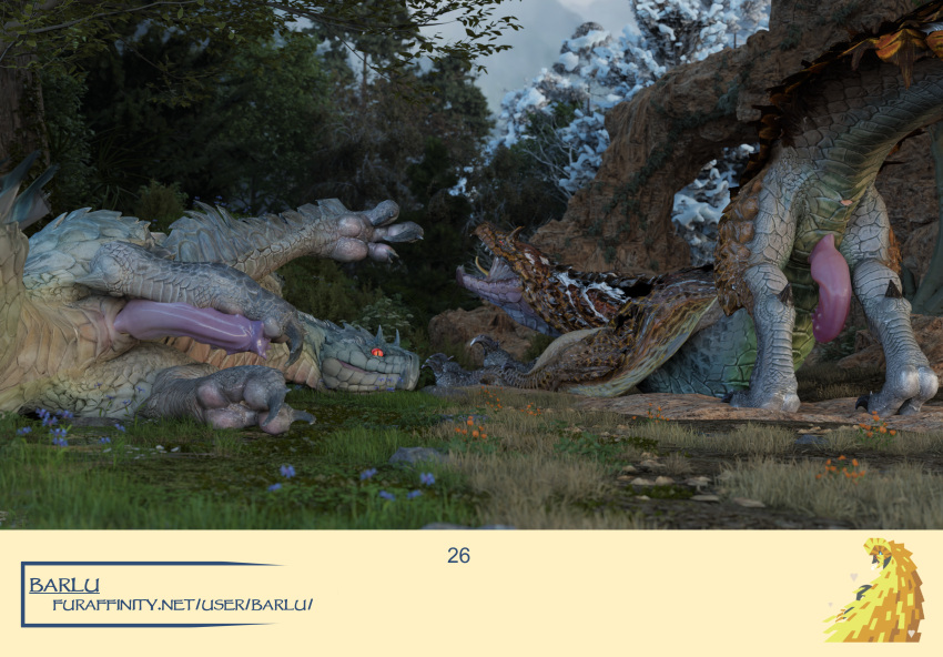 3d_(artwork) absurd_res animal_genitalia animal_penis barlu capcom claws digital_media_(artwork) duo fanged_wyvern feet feral fur genitals hi_res looking_at_viewer male monster_hunter open_mouth penis plant presenting scales tobi-kadachi tree video_games viper_tobi-kadachi yawn