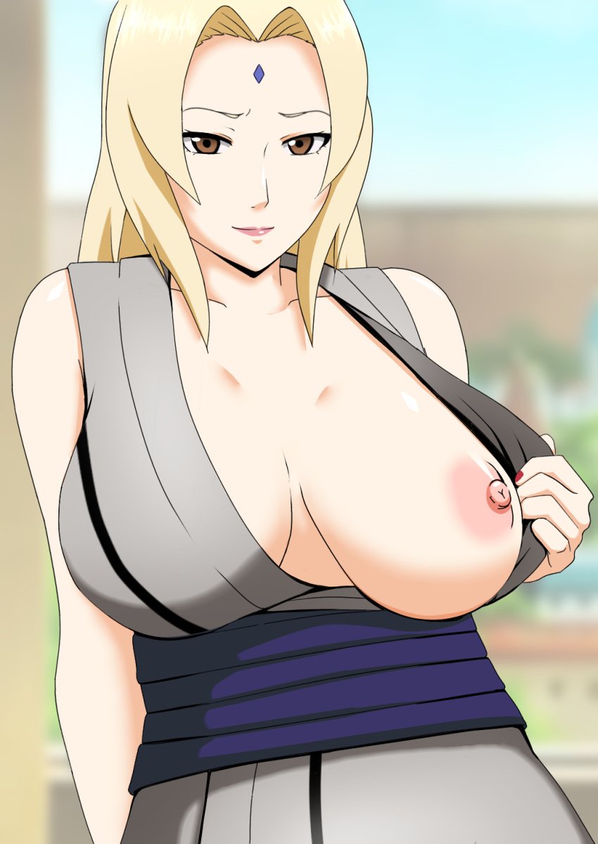 1girls areolae big_breasts blonde_hair breasts breasts_out cleavage clothing erect_nipples exposed_breasts eye_contact female female_focus female_only flashing forehead_jewel garam_masala_(7355873) half-closed_eyes large_breasts looking_at_viewer mature mature_female naruto naruto_shippuden nipples one_breast_out revealing_clothes solo solo_focus standing tease teasing tsunade undressing voluptuous yellow_hair