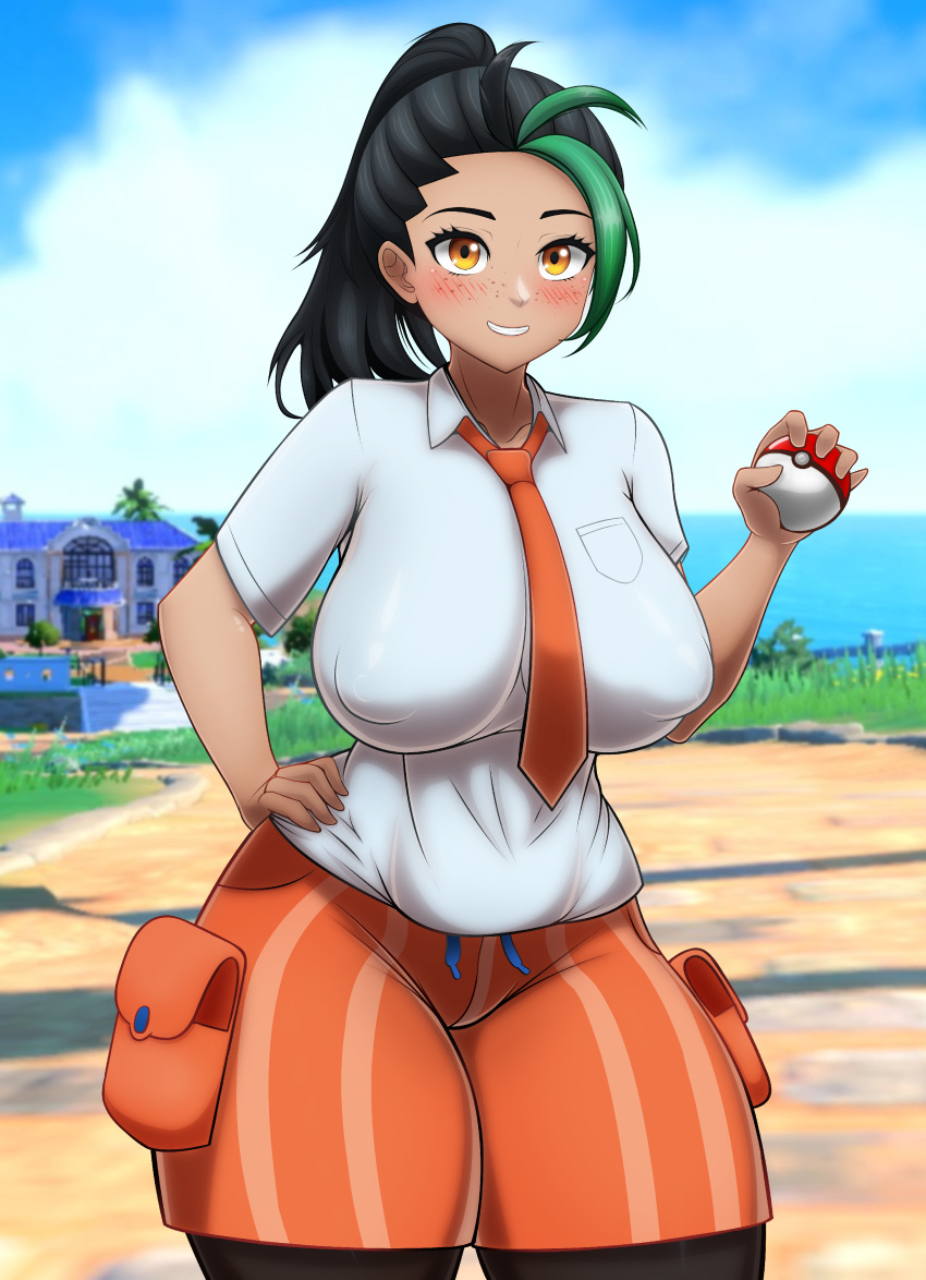 1girls alternate_version_available big_breasts black_hair blush bottomwear breasts female female_only freckles freckles_on_face game_freak hair hand_on_hip hips huge_breasts kasurnica necktie neckwear nemona_(pokemon) orange_eyes orange_shorts pokeball pokemon pokemon_sv ponytail shirt shorts solo solo_female tie topwear white_shirt wide_hips