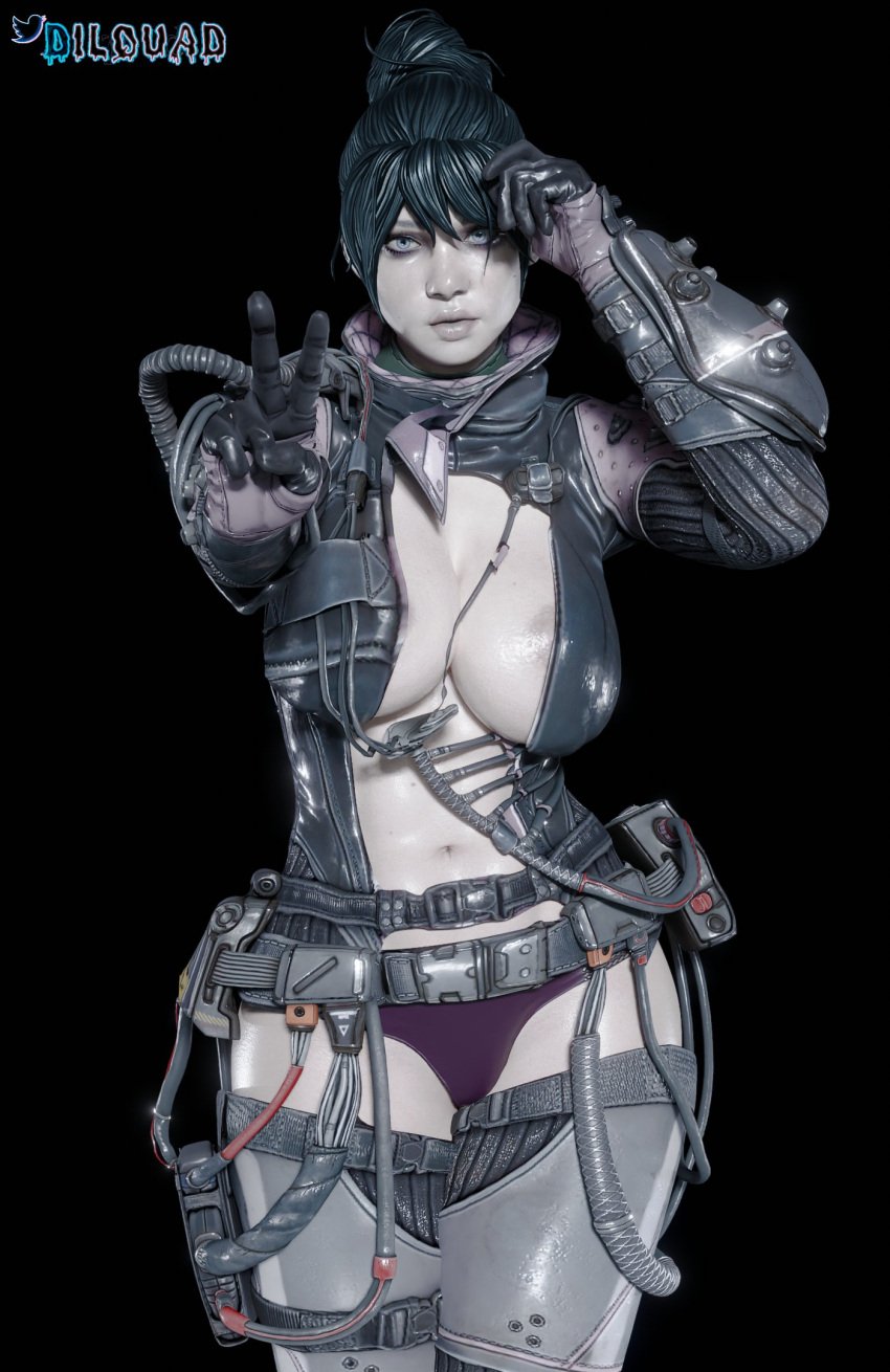 3d apex_legends big_breasts blender blue_eyes dliquad female female_only mostly_nude nipples no_bra pale-skinned_female pale_skin panties revealing_clothes solo stockings tagme wraith_(apex_legends)