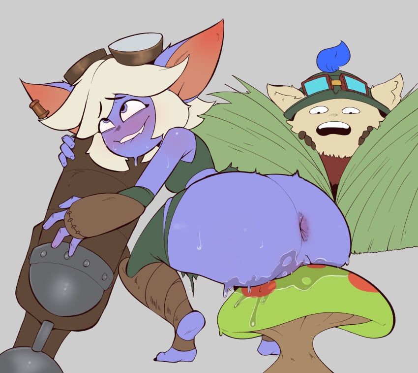 2022 anthro ass big_butt blush bodily_fluids bottomless clothed clothing duo female fungus genital_fluids genitals hair hi_res humanoid league_of_legends lurkin masturbation mushroom open_mouth purple_body pussy pussy_juice riot_games simple_background smile sweat teemo tristana vaginal_masturbation vaginal_penetration video_games white_hair yordle