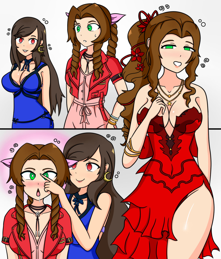 2girls aerith_gainsborough black_hair blue_bra blue_dress bow bow_choker bow_in_hair bra_peek bracelets braided_ponytail breasts brown_hair choker crescent_moon_earrings cropped_jacket dress earrings final_fantasy final_fantasy_vii finger_on_forehead green_eyes hypnosis jacket large_breasts long_hair looking_at_viewer mind_control necklace no_bra pink_dress ponytail red_dress red_eyes red_jacket ribbon_in_hair short_dress side_slit sortish-kinda strapless strapless_dress tifa_lockhart