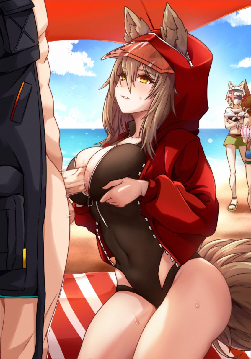 1boy 3girls absurdres amiya_(arknights) animal_ears arknights beach black_one-piece_swimsuit blush breast_hold breasts censored doctor_(arknights) erection grey_hair highres jacket kal'tsit_(arknights) large_breasts light-skinned_female light-skinned_male light_skin long_hair long_sleeves male_doctor_(arknights) mosaic_censoring multiple_girls naked_jacket official_alternate_costume one-piece_swimsuit open_clothes open_jacket outdoors paizuri penis perpendicular_paizuri projekt_red_(arknights) projekt_red_(light_breeze)_(arknights) public_indecency red_jacket solo_focus straight swimsuit tail testicles wolf_ears wolf_girl wolf_tail xia_wanzi yellow_eyes