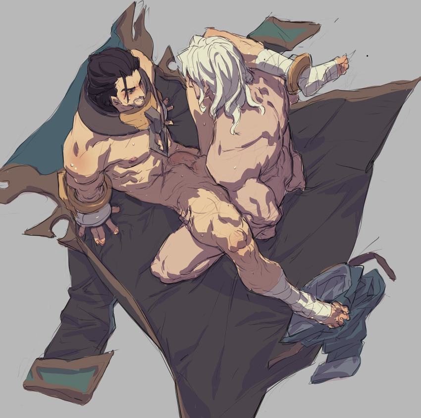 2boys abs anal balls blush brown_hair facial_hair gay hands holding_legs implied_penetration league_of_legends leaning_back leg_grab legs_held_open multiple_boys muscular_male nipples nude overgank paja192 pecs penis scars sitting_on_floor staring sweat sylas vladimir_(league_of_legends) white_hair yaoi