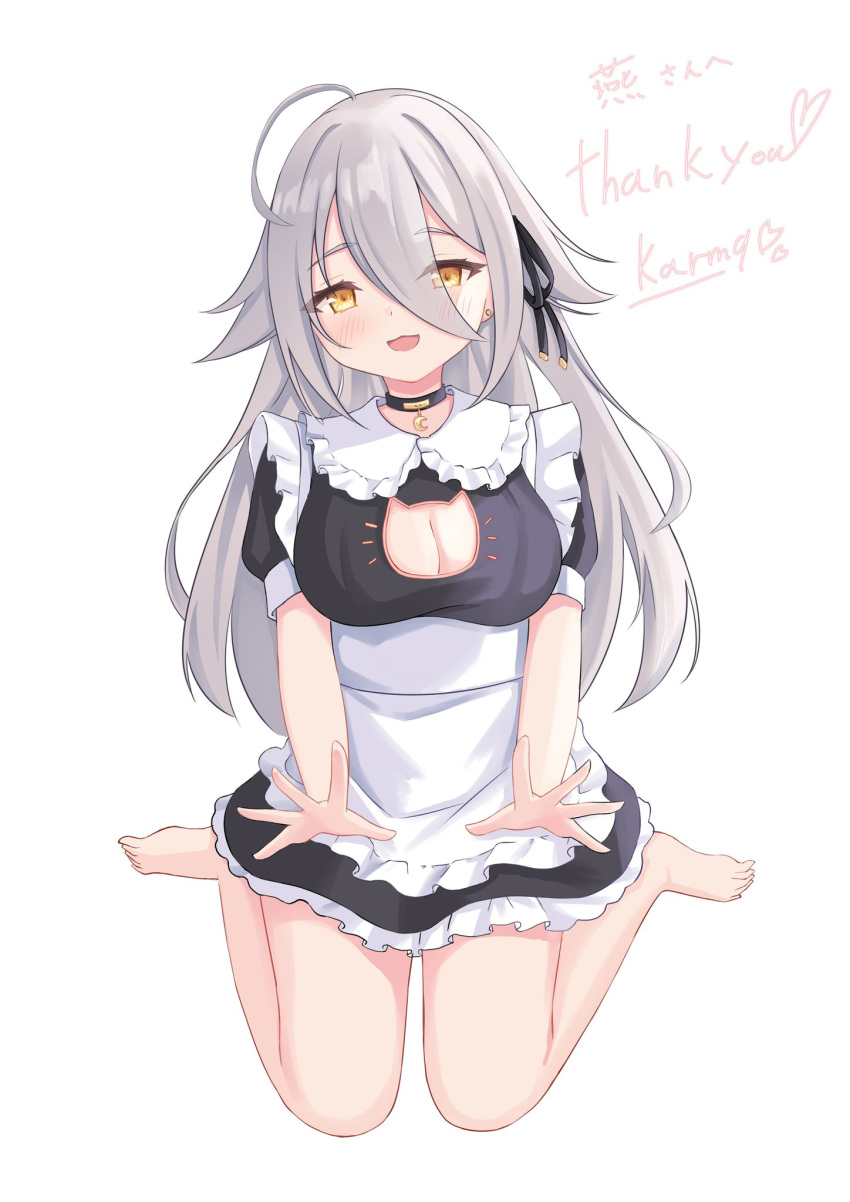 1girls barefoot blush boob_window cat_cutout collar female female_only grey_hair hair_ornament indie_virtual_youtuber inviting karmq light-skinned_female light_skin maid pale-skinned_female pale_skin silver_hair simple_background sitting solo virtual_youtuber white_background wholesome yellow_eyes yoruno_suyari