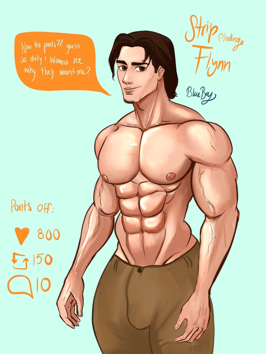 1boy abs biceps big_bulge big_chest big_pecs blueboybara bulge bulging_biceps caucasian caucasian_male dialogue disney disney_prince english_text eugene_fitzherbert flynn_rider huge_bulge huge_chest huge_pecs looking_at_viewer male male_only muscles muscular muscular_male pecs shirtless_male smooth_chest smooth_skin solo solo_male strip_game tangled tangled:_the_series