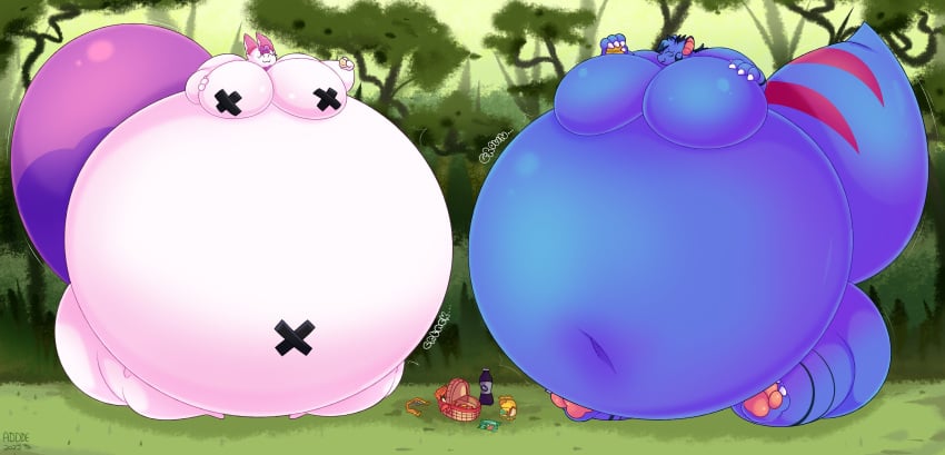 1boy 1girls addde ambiguous_gender anthro belly_expansion belly_inflation bellybutton big_belly big_navel big_tail blue_body breast_expansion breast_grab breasts claws creaking duo eating erablier_(character) expansion expansion_sounds fat fat_arms fat_legs fattening feline female food_inflation forest full_body_inflation fur furry glistening_body growth hi_res inflated_tail inflation inflation_fetish inflation_sounds male male_boobs massive_belly massive_breasts mila_(addde) moobs navel navel_tape nipples_covered no_nipples oc onomatopoeia overweight pawpads paws picnic picnic_basket round_body shiny sitting_down smile snack soda spherical_inflation stretching_sounds stuffing tail tail_inflation taped_nipples thick_tail unknown_species weight_gain