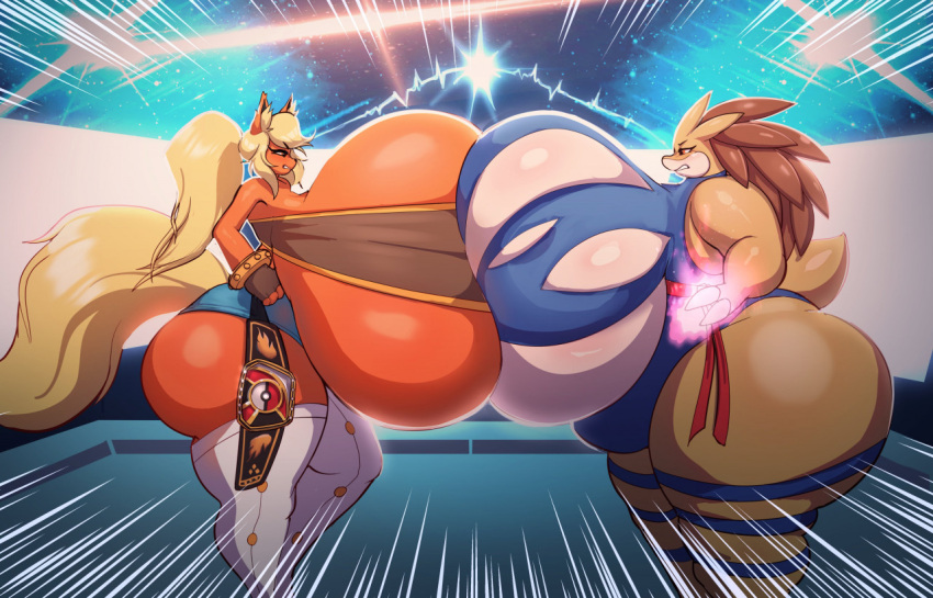 anthro arena ass big_breasts big_butt blush breast_squish breasts clothing eeveelution female flareon flarita generation_1_pokemon huge_breasts huge_butt hyper hyper_breasts hyper_butt lightning_stare nintendo norodoggo pokémon_(species) pokemon pokemon_(species) sandpancake sandslash solo squish staredown thick_thighs torn_clothing video_games