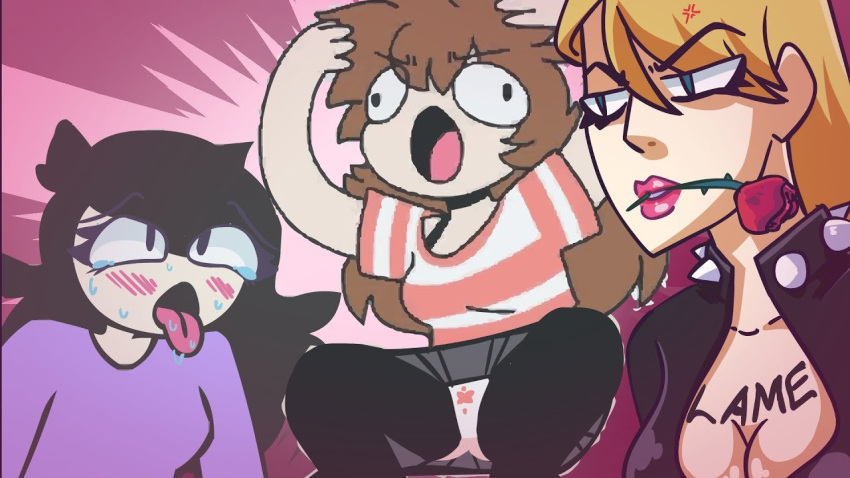 3girls bra_strap cleavage female_only flower flower_in_mouth jaiden jaiden_animations jaidenanimations panties pantyshot pantyshot_(squatting) rose_(flower) rose_in_mouth shgurr skirt squatting text thumbnail tongue tongue_out youtuber