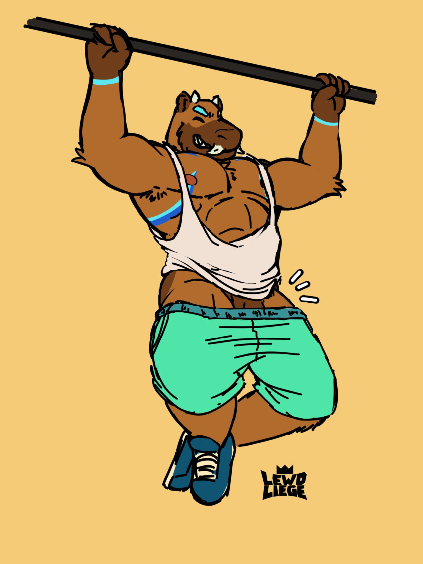 2022 abs anthro armband armpit_hair biceps blue_clothing blue_footwear blue_shoes body_hair bottomwear capybara caviid closed_eyes clothed clothes_falling_off clothing exercise footwear genitals gym_bottomwear gym_clothing gym_shorts hi_res lewdliege male male_only mammal muscle_shirt muscular nipples partially_clothed pecs penis pubes pullups rodent shirt shoes shorts shorts_down simple_background solo tank_top topwear