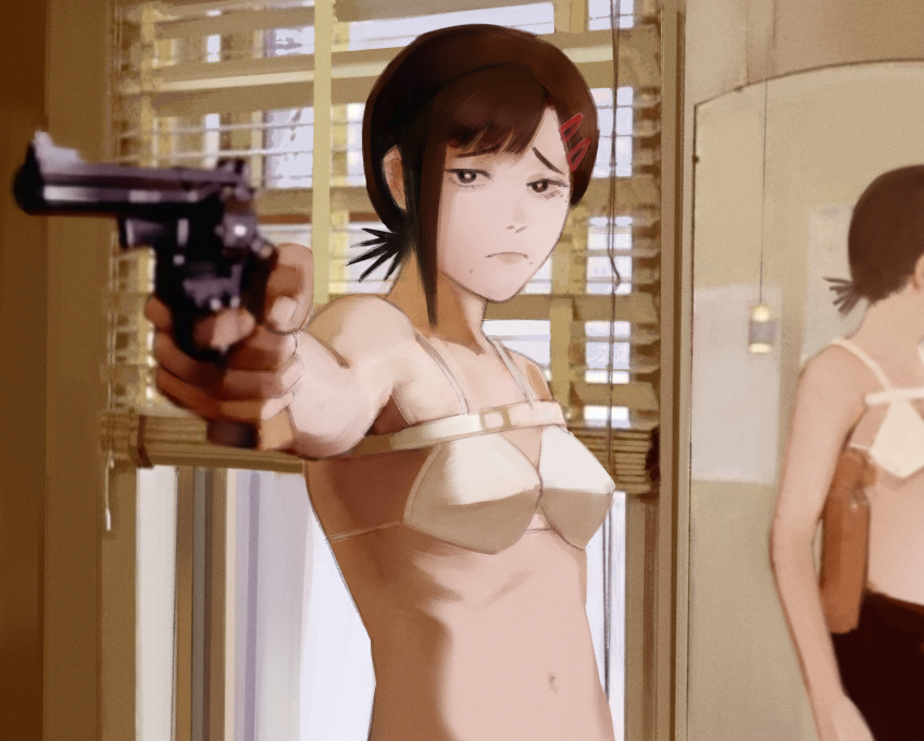 1girls bra chainsaw_man cosplay female female_only goes_hard gun higashiyama_kobeni meme movie_reference petite petite_body pointing_gun pointing_gun_at_viewer revolver robert_deniro small_bra small_breasts taxi_driver xyanaid