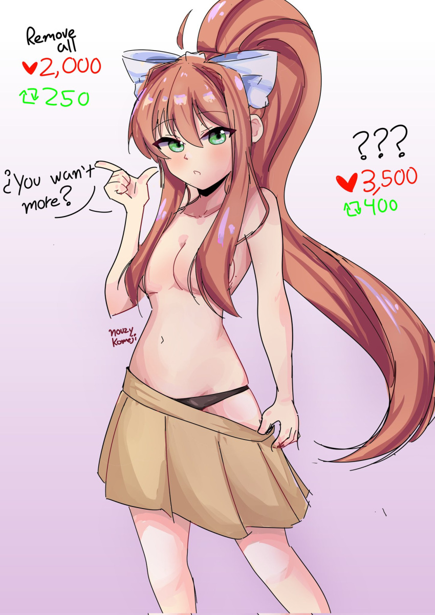 artist_name black_panties doki_doki_literature_club english_text green_eyes hair_over_breasts heart_icon komeji_nouzy long_hair monika_(doki_doki_literature_club) number numbers panties retweet_icon skirt strip_game text