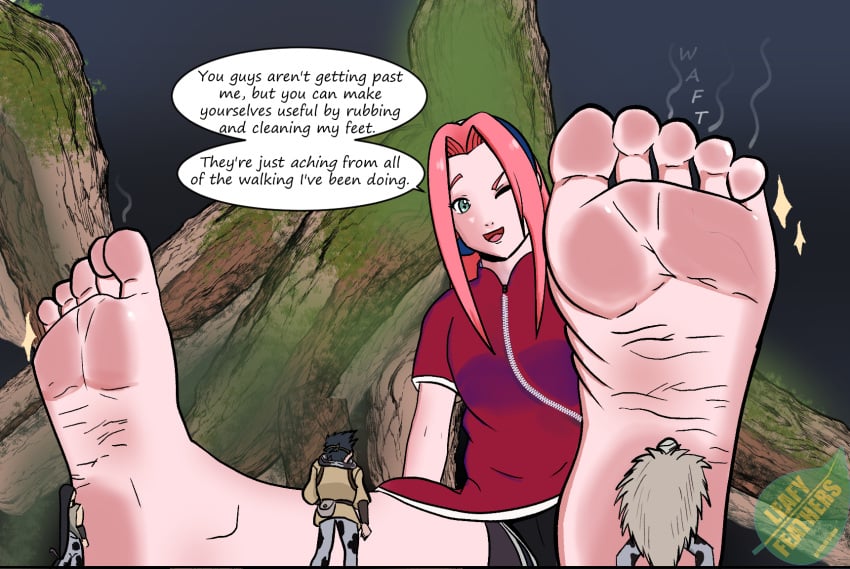 barefoot bigger_female child feet female female_domination foot_fetish foot_focus fully_clothed giantess green_eyes kin_tsuchi kinuta_dosu larger_female larger_female_smaller_female larger_female_smaller_male leafy_feathers macro_female macrophilia male naruto naruto_(classic) naruto_(series) ninja open_mouth pink_hair sakura_haruno shueisha size_difference size_play smaller_female smaller_male smelly_feet soles speech_bubble steamy_feet toes wink young zaku_abumi