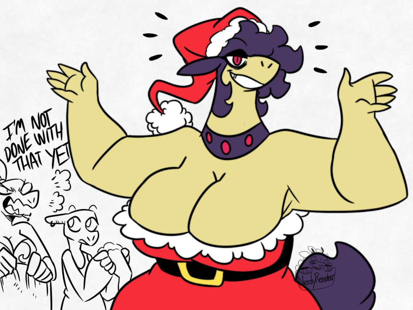 3girls anthro anthrofied big_breasts breasts charmeleon christmas cleavage clothed clothing dialogue english_text female fur furry hisuian_form hisuian_typhlosion holidays large_breasts nerdyreindeer nintendo pokemon pokemon_(species) salazzle solo_focus tagme text typhlosion