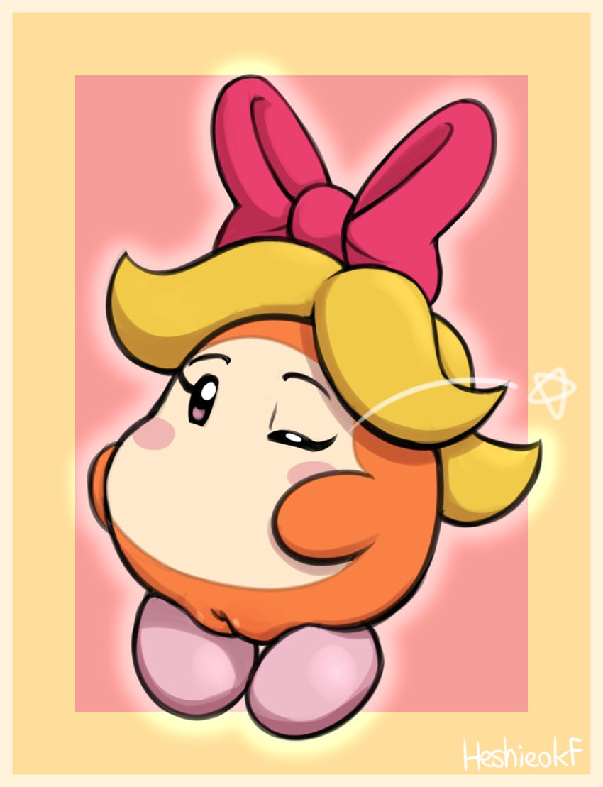 blonde_hair blush border bow_accessory bow_ribbon clitoris clothing female feral footwear genitals hair heshieokf hi_res kirby_(series) nintendo one_eye_closed pink_clothing pink_footwear pink_shoes pinup pose pussy shoes solo solo_focus video_games waddle_dee wink yellow_border