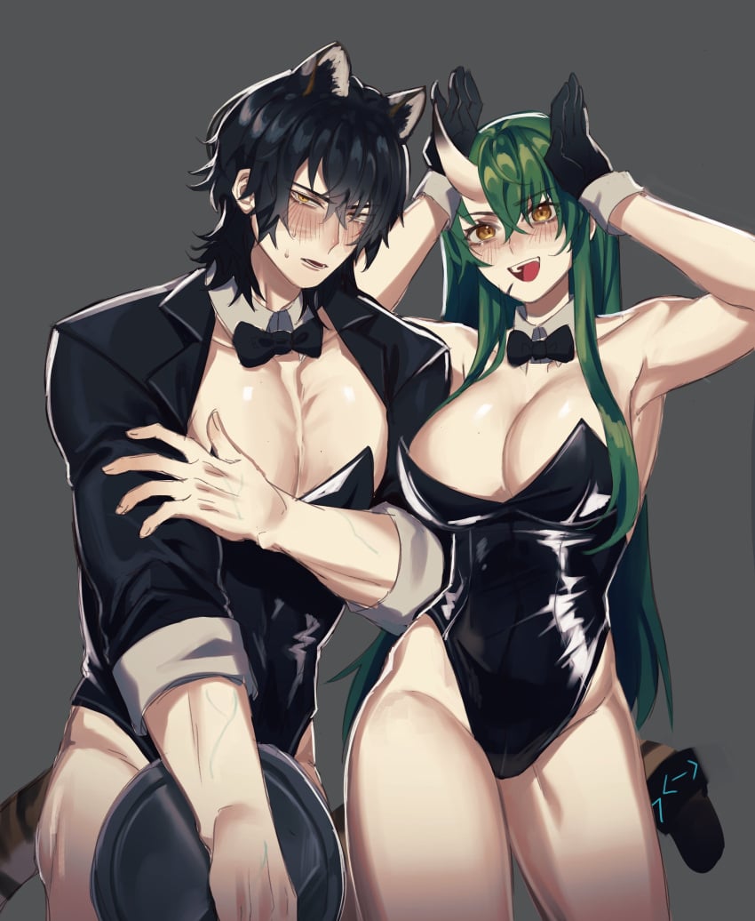 1boy 1girls 2023 animal_ears arknights arms_up black_hair blush bowtie broca_(arknights) bunny_costume bunnysuit cat_boy cat_ears cat_man cat_tail catboy cleavage covering detached_collar embarrassed female gloves green_hair grey_background hi_res horn hoshiguma_(arknights) kemonomimi leotard light-skinned_female light-skinned_male light_skin looking_at_viewer male multi_ear muscular muscular_female muscular_male no_sex nude oni posing simple_background smile standing vein weichunchunn wrist_cuffs yellow_eyes