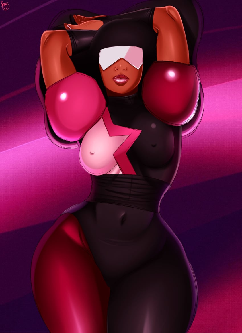 afro arms_behind_head arms_up black_hair bodysuit breasts bridal_gauntlets curvy dark-skinned_female dark_skin erect_nipples female garnet_(steven_universe) gem_(species) gem_fusion human jassycoco navel nipples pose sash simple_background skin_tight solo steven_universe sunglasses wide_hips