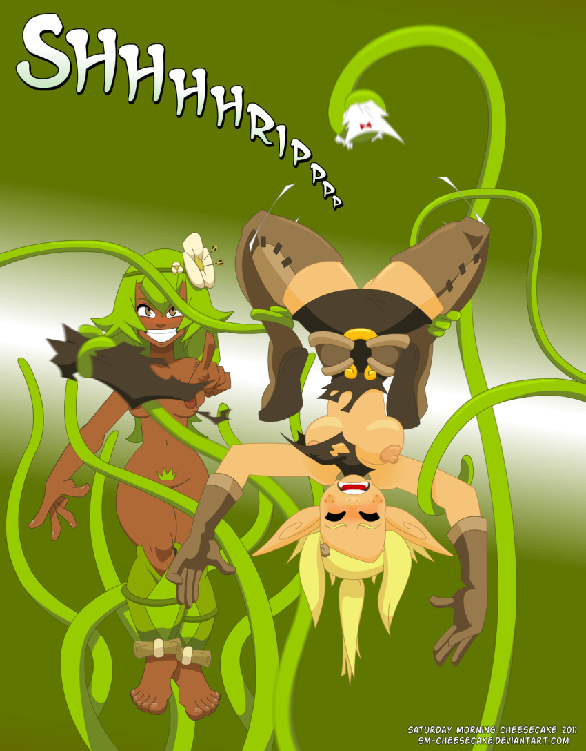 2girls amalia ankama blush breasts closed_eyes cra dark-skinned_female dark_skin evangelyne feet female looking_at_viewer multiple_girls nipples open_mouth princess_amalia_sheran_sharm sadida saturday_morning_cheesecake tentacle tentacle_sex toes torn_panties wakfu