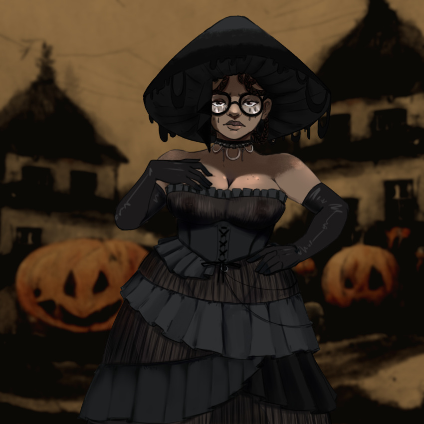 1girls bare_shoulders big_areola big_breasts big_butt black_corset black_dress black_elbow_gloves breasts brown_eyes choker cleavage coke-bottle_glasses corset costume dark-skinned_female dark_skin dress elbow_gloves female glasses goth goth_girl hand_on_hip hat hips jack-o'-lantern javdempsey kaneeka_forsyth mushroom_hat nipples_visible_through_clothing one_hand_on_hip piercing pumpkin round_glasses scarlet_hollow solo solo_female standing strapless_dress translucent_clothing