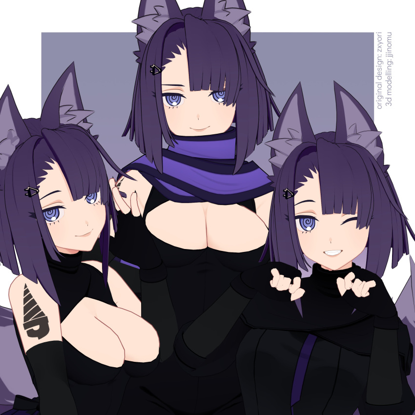 3girls animal_ears female female_only fox_ears fox_girl foxgirl jjinomu kitsune mura_(woops) purple_eyes purple_hair tagme woops