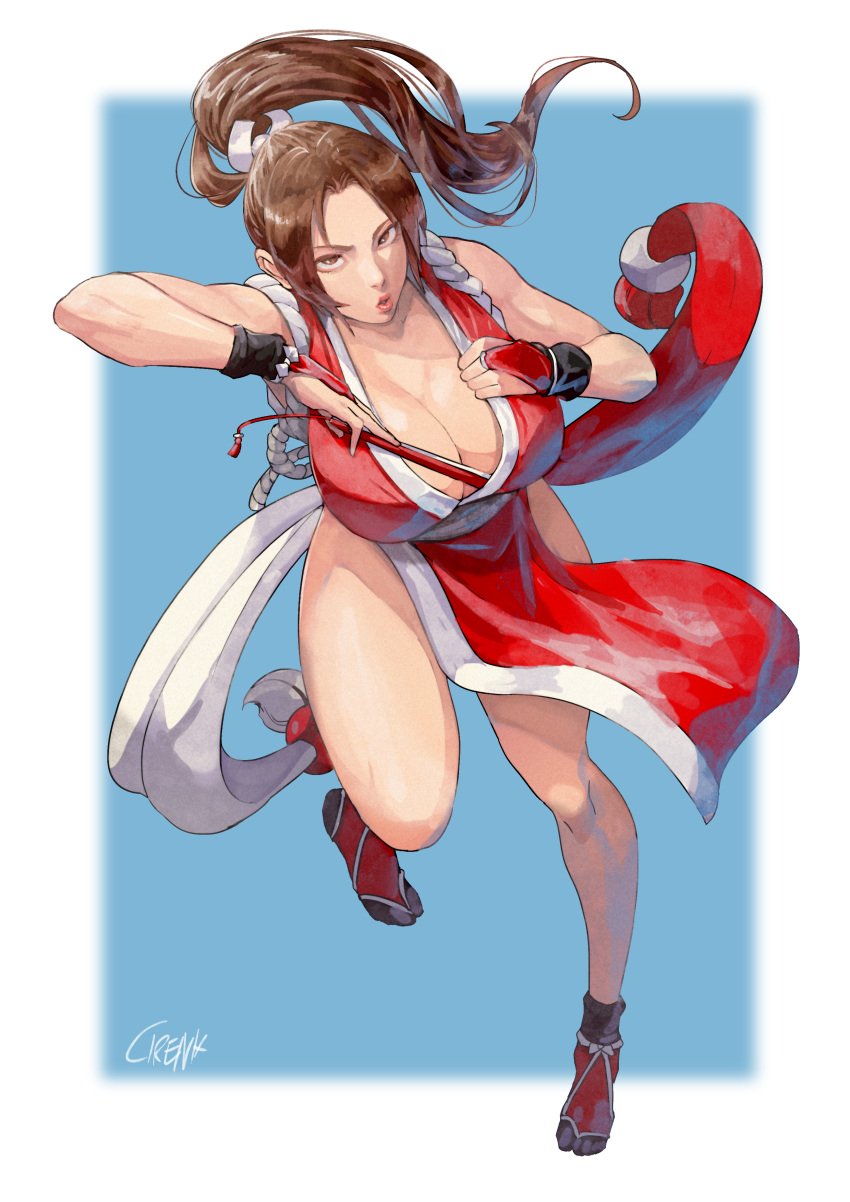 1girls arm_guards artist_name artist_signature border bouncing_breasts breasts brown_eyes brown_eyes_female brown_hair brown_hair_female cirenk cleavage collarbone enormous_breasts fatal_fury female_fighter female_focus female_ninja female_warrior fingerless_gloves folding_fan hand_fan hi_res high_ponytail high_resolution highres holding holding_fan huge_breasts japanese_clothes king_of_fighters kunoichi lady_fighter long_brown_hair long_ponytail looking_at_viewer mai_shiranui massive_breasts matching_hair/eyes matching_hair_and_eye_color ninja open_clothes open_mouth outside_border parted_lips pelvic_curtain ponytail revealing_clothes rope sash simple_background snk solo solo_female tied_hair video_game_character video_games voluptuous voluptuous_female warrior white_border white_sash