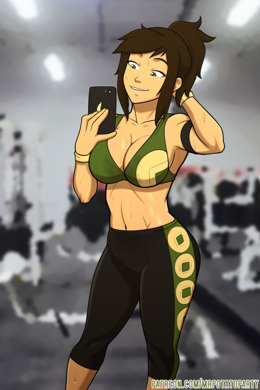 1girls abs alternate_universe armband armpits avatar_the_last_airbender bare_arms bare_calves bare_midriff bare_shoulders big_breasts breasts brown_hair busty calves child_bearing_hips cleavage clothing confident earth_kingdom female female_focus female_only gym jin_(avatar) large_breasts long_hair modern_au mrpotatoparty navel nickelodeon ponytail pose posing selfie smile snapchat solo sport sports_bra sportswear standing straight_hair sweat sweating sweaty_breasts text tied_hair voluptuous watermark wide_hips yoga_pants