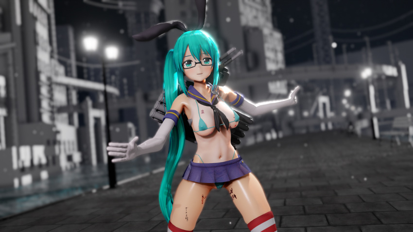 .live 3d anchor armwear blue_bikini blue_eyes blue_hair body_writing bunny_ears fake_animal_ears fake_rabbit_ears glasses kagura_suzu_(.live) looking_at_viewer medium_breasts misterpink mmd rensouhou-chan sailor_collar shimakaze_(kantai_collection)_(cosplay) short_skirt skimpy skimpy_clothes skimpy_outfit thighhighs torpedo_launcher virtual_youtuber