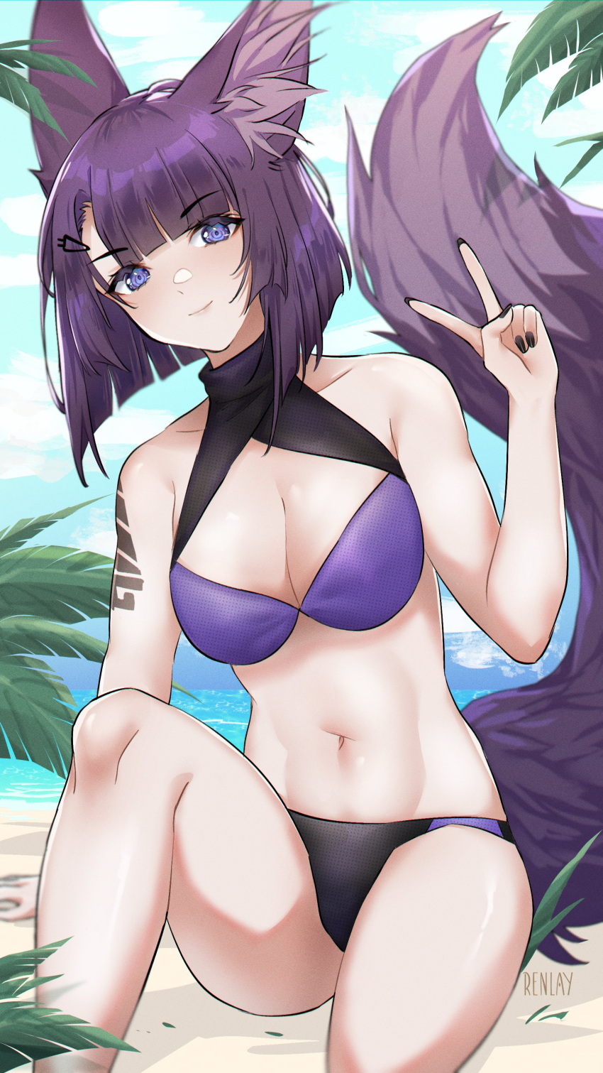 animal_ears beach_background fox_ears fox_girl foxgirl kitsune mura_(woops) purple_eyes purple_hair renlay_renee swimsuit tagme woops