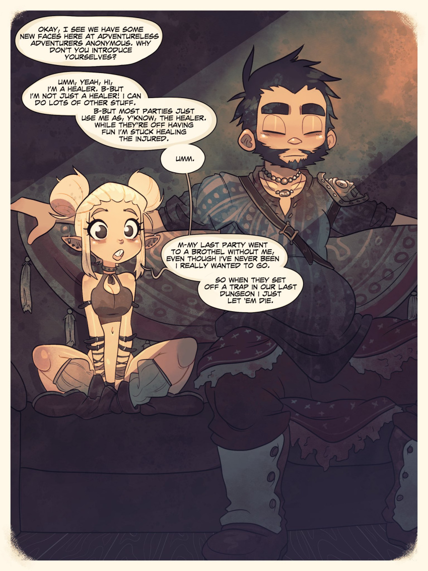 1boy 1boy1girl 1girl 1girl1boy 1girls beard belt_straps big_dom_small_sub big_eyes big_head black_beard black_hair blonde_hair boots brown_clothing brown_eyes buckteeth choker comic comic_panel crop_top cute dialogue ear_piercing ear_piercings ear_stud earrings elf elf_ear elf_ears elf_female elf_girl english_text fantasy female gameplay_mechanics hair_buns healer height_difference human human_male industrial_piercing interspecies jack_cayless kneehighs laid_back larger_male leg_warmers light-skinned_male light_skin limited_palette lotus_position male male/female male_human/female_elf medieval medieval_clothing multiple_piercings neoteny pierced_ears piercing piercings platinum_blonde_hair pointy_ears pot_belly rabbit_teeth red_face red_faced round_eyes shorter_female shoulder_armor sidelocks sitting size_difference small_breasts smaller_female space_buns speech_bubble taller_male tank_top text text_bubble therapist therapy thick_eyebrows white_hair