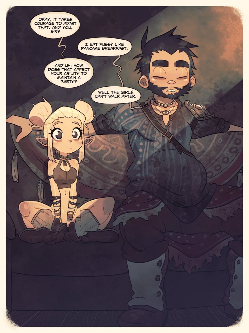 1boy 1boy1girl 1girl 1girl1boy 1girls beard belt_straps big_dom_small_sub big_eyes big_head black_beard black_hair blonde_hair boots bragging brown_clothing brown_eyes choker comic comic_panel crop_top cunnilingus curious cute dialogue ear_piercing ear_piercings ear_stud earrings elf elf_ear elf_ears elf_female elf_girl english_text fantasy female gameplay_mechanics hair_buns healer height_difference human human_male industrial_piercing interspecies jack_cayless kneehighs laid_back larger_male leg_warmers light-skinned_male light_skin limited_palette lotus_position male male/female male_human/female_elf medieval medieval_clothing multiple_piercings neoteny pierced_ears piercing piercings platinum_blonde_hair pointy_ears pot_belly public public_exposure public_sex red_face red_faced round_eyes shorter_female shoulder_armor sidelocks sitting size_difference small_breasts smaller_female space_buns speech_bubble talking taller_male tank_top text text_bubble therapist therapy thick_eyebrows white_hair wide_eyed