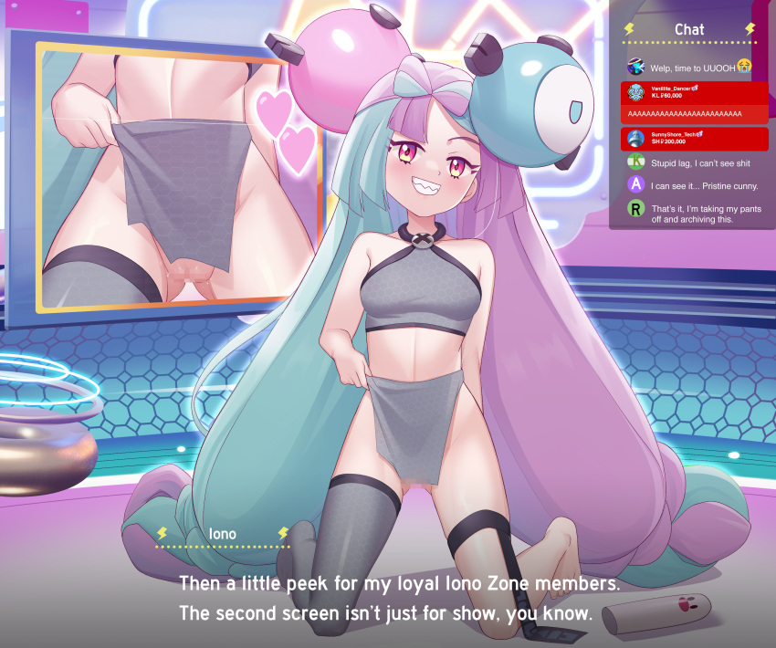 bangs barefoot blush bow-shaped_hair breasts censored character_hair_ornament character_name chat_log commentary english_text eyelashes female gazing_eye green_hair grey_shirt grey_thighhighs grin hair_ornament heart highres indoors iono_(pokemon) kneeling livestream long_hair looking_at_viewer monitor mosaic_censoring multicolored_hair pokemon pokemon_(game) pokemon_sv purple_hair pussy sharp_teeth shirt single_thighhigh sleeveless sleeveless_shirt smile solo teeth thigh_strap thighhighs twintails two-tone_hair very_long_hair