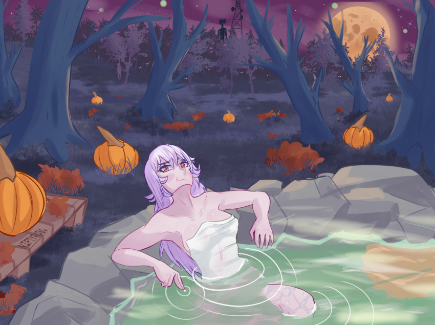 artist_name autumn_leaves blush boosette breasts cloud cloudy_sky collarbone female forest full_moon halloween highres long_hair looking_at_viewer mario_(series) medium_breasts moon multicolored_background nature navel new_super_mario_bros._u_deluxe niftyrobo onsen pumpkin purple_hair red_eyes self_upload shallow_water sky solo star_(sky) starry_sky steam towel towel_only water wet wet_towel wide_hips