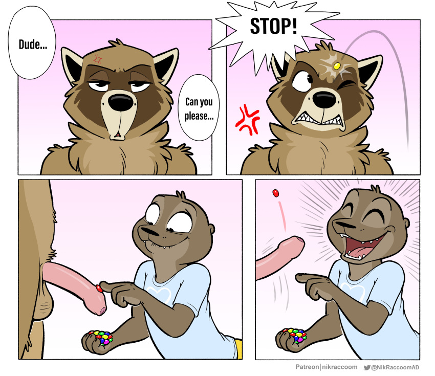 anthro balls black_eyes brown_fur brown_hair candy canine clenched_teeth closed_eyes comic couple felix_(nik159) funny furry gay having_fun humanoid_genitalia humanoid_penis lovers meme nik_(nik159) nikraccoom otter penis pissed_off raccoon uncircumcised