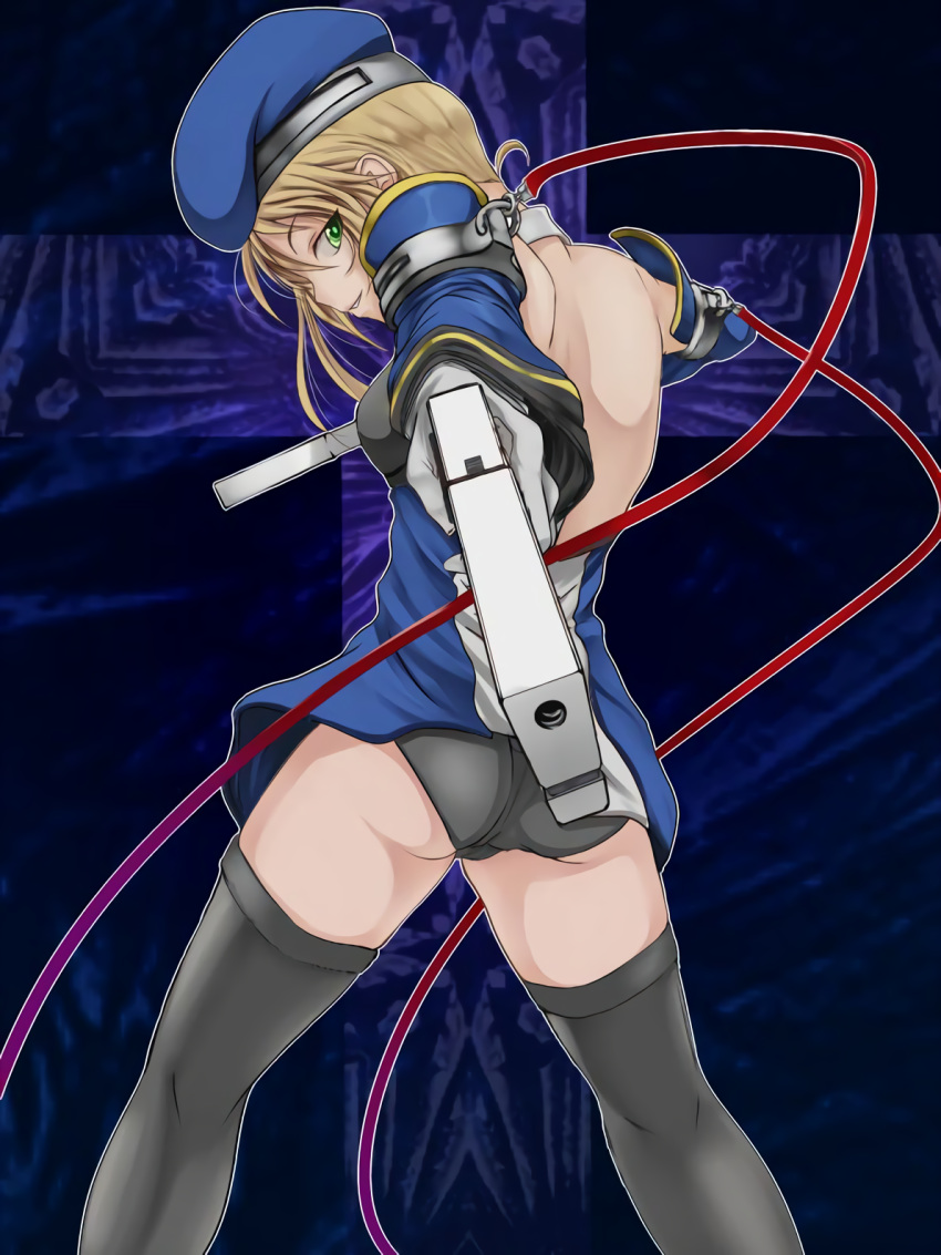 1girls 8622bnc681 arc_system_works ass beret black_panties blazblue blonde_hair breasts detached_sleeves female female_focus female_only green_eyes gun hat highres looking_back noel_vermillion panties parted_lips pointing_weapon red_ribbon ribbon seductive seductive_smile sensual short_hair sideboob small_breasts smile solo thighhighs underwear uniform weapon