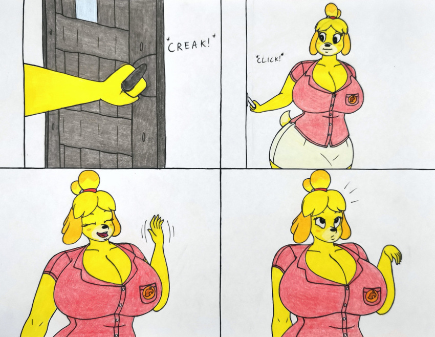 1girls 2021 2d animal_crossing anthro big_breasts big_hips breasts cleavage comic inflation isabelle_(animal_crossing) lj_caffie nintendo office_lady sequence