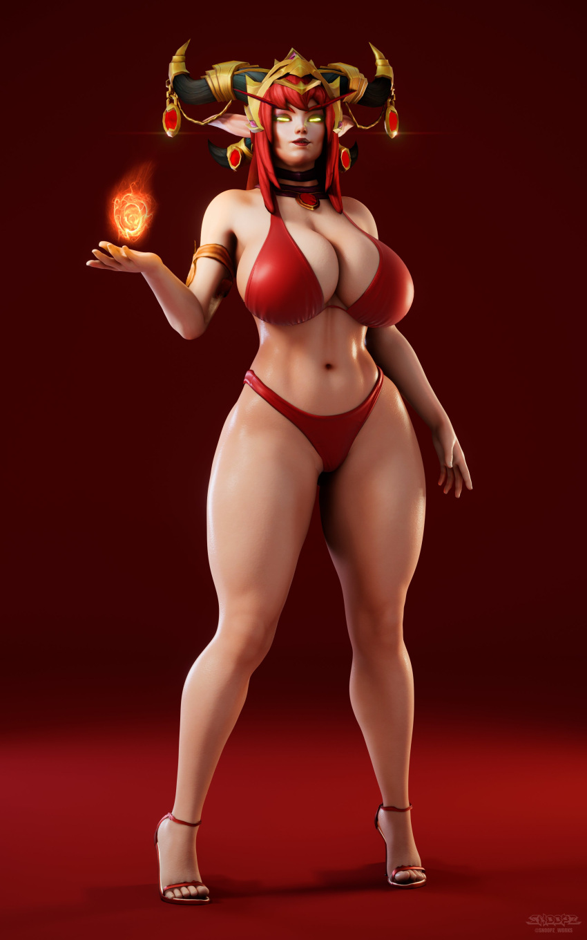 3d alexstrasza big_breasts bikini curvy curvy_figure dragon dragonflight elf glowing_eyes heroes_of_the_storm high_heels horns huge_breasts jewelry large_breasts milf open_toe_shoes red_hair snoopz thick_thighs warcraft world_of_warcraft