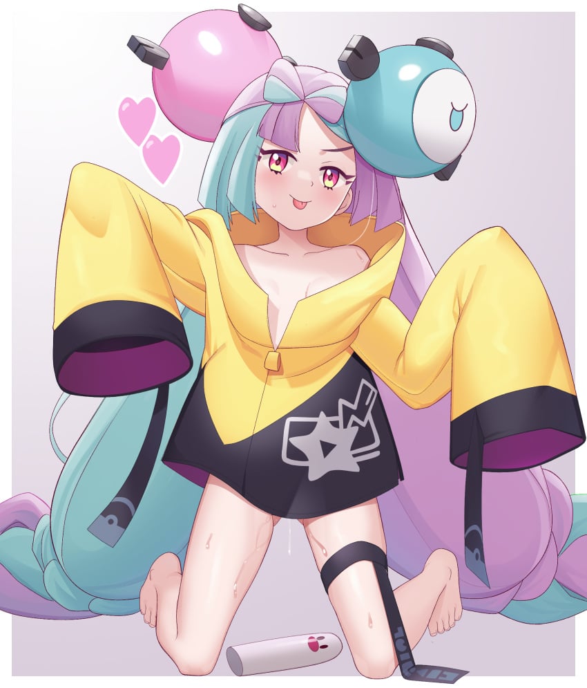 bangs barefoot blush border bow-shaped_hair character_hair_ornament closed_mouth collarbone commentary eyelashes female full_body gazing_eye green_hair grey_background hair_ornament heart highres iono_(pokemon) jacket kneeling long_hair looking_at_viewer multicolored_hair no_shirt pokemon pokemon_(game) pokemon_sv purple_hair pussy_juice sleeves_past_fingers sleeves_past_wrists smile solo star_(symbol) star_print sweat thigh_strap toes tongue tongue_out twintails two-tone_hair very_long_hair white_border yellow_jacket