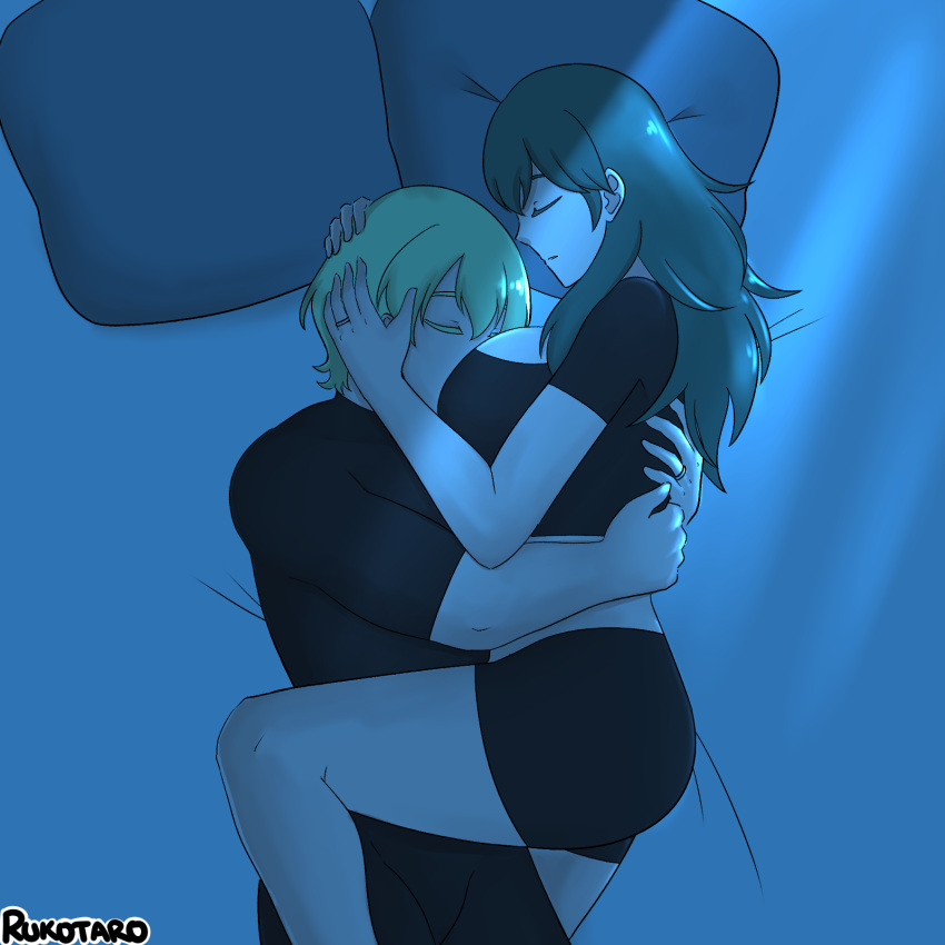 1boy 1girls bed breast_smother breasts byleth_(fire_emblem) byleth_(fire_emblem)_(female) byleth_(fire_emblem)_(male) cleavage_cutout dual_persona female fire_emblem fire_emblem:_three_houses green_hair group_sleeping hug large_breasts male married_couple medium_hair multiple_persona night nintendo on_bed ring rukotaro selfcest short_hair sleeping teal_hair wedding_ring wholesome wife_and_husband