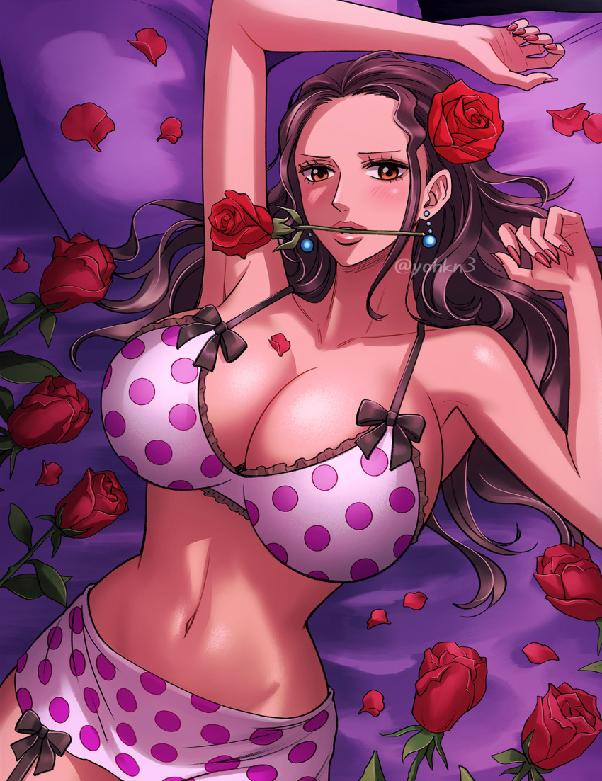 1girls alternate_costume armpits artist_name bare_shoulders bed bed_sheet big_breasts blush bra breasts brown_hair cleavage clothing collarbone curvy earrings eyelashes female female_focus female_only flower flower_in_hair flower_in_mouth flower_petals frills hair_ornament highres hips huge_breasts human jewelry large_breasts laying_down laying_on_bed lips long_fingernails long_hair looking_at_viewer makeup miniskirt nail_polish navel object_in_mouth on_back one_piece orange_eyes parted_lips pillow pinup polka_dot red_nails revealing_clothes ribbon rose seductive shiny_skin sideboob skimpy skirt solo solo_female teeth thighs viola_(one_piece) voluptuous watermark yohkn3