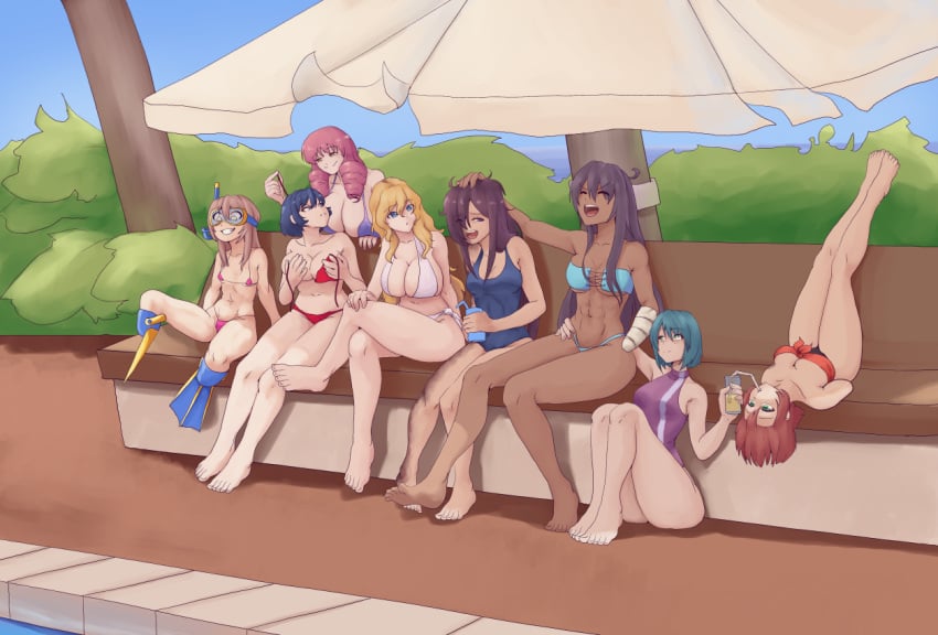 8girls :o belly_button big_breasts black_hair blonde_hair blue_hair bra burn_scar closed_eyes feet goggles grabbing_breasts hakamichi_shizune hand_on_head hand_on_hip hands_on_breasts ibarazaki_emi ikezawa_hanako katawa_shoujo large_breasts laugh laughing long_hair medium_breasts mikado_shiina miura_miki navel open_smile panties pink_hair pool poolside pouting purple_hair red_hair req reqqles satou_lilly scar short_hair small_breasts smile smiling stomach suzuki_suzu swimsuit swimwear tezuka_rin twin_drills upside-down