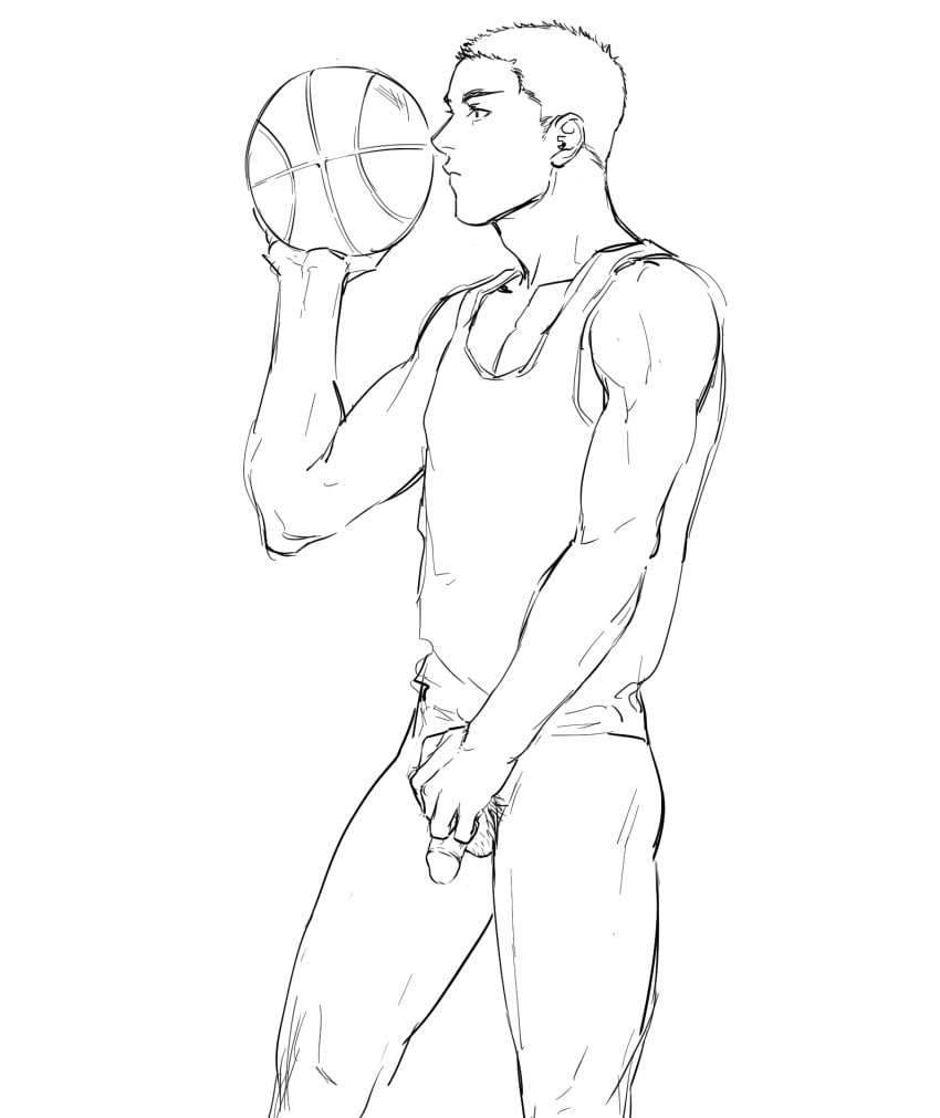 1boy athletic basketball bottomless buzz_cut hairy_balls hand_on_penis male_only nude penis pubes pubic_hair red_hair sakuragi_hanamichi short_hair shourai_kun slam_dunk solo solo_male sportswear touching_penis